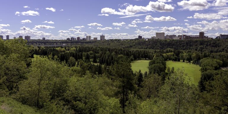 City of Edmonton in Canada, view from the North Saskatchewan River and William Hawrelak Park in foreground